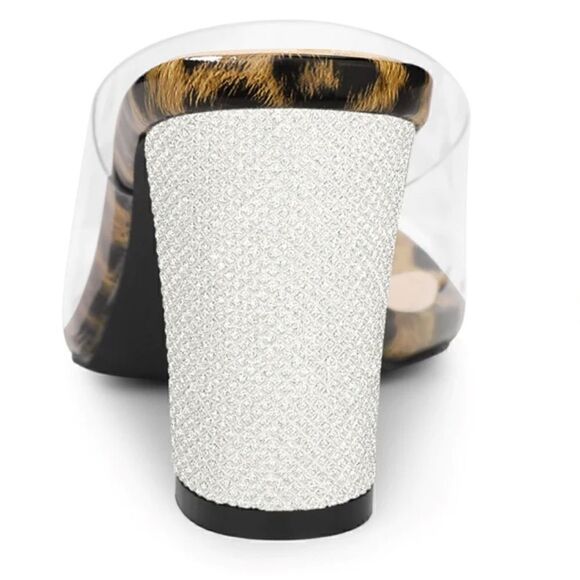 Allegra K Open Toe Clear Glitter Slide Chunky Heel Sandals - Picture 12 of 15